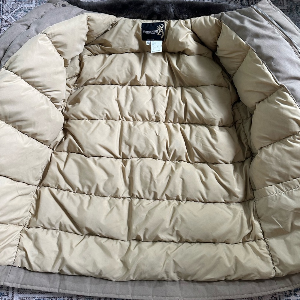Vintage Browning Down Hunting Coat Made In USA Fur Collar Size 44 Tan Mint - Picture 3 of 6
